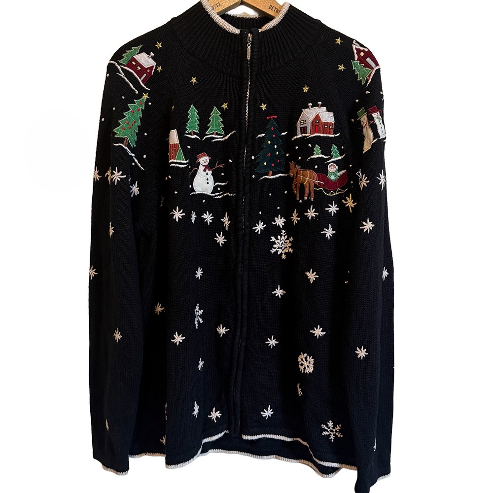 Christmas Sweater Womens Cardigan Zip Up Winter Snowman Grandmacore Cotton 1X